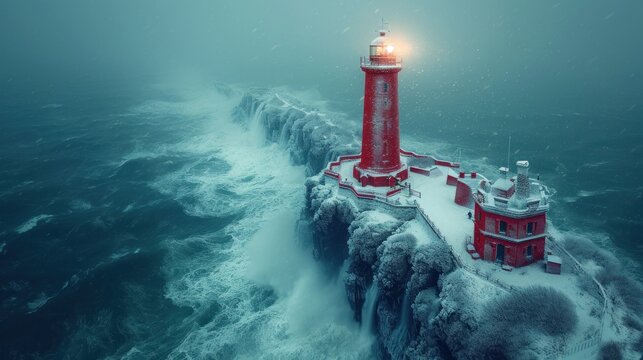  a red light house sitting on top of a cliff in the middle of the ocean with a light on top of it in the middle of the picture is foamy water.