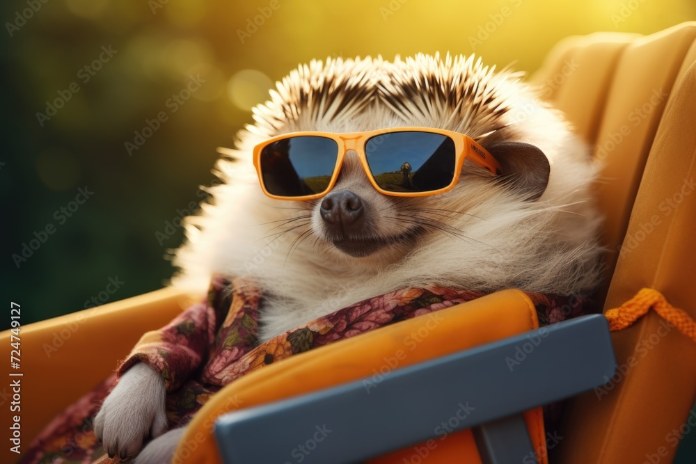 Poster a hedge wearing sunglasses sitting in a chair. this image can be used to add a touch of whimsy and h