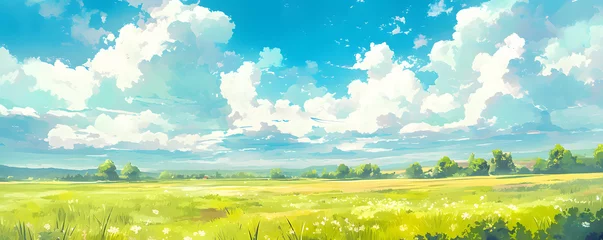 Foto op Aluminium Beautiful grassy fields under a summer blue sky with fluffy white clouds blowing in the wind. Wide format image captures the sky behind a green field, creating a serene landscape of anime backgrounds. © jex
