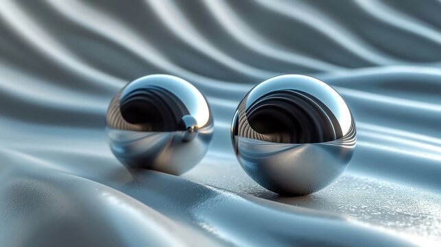  a couple of shiny metal balls sitting on top of a blue satin covered bed of wavy, wavy fabric, with a black center piece in the middle of the middle of the image.