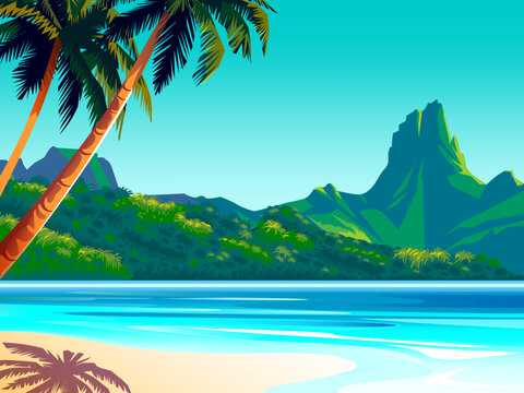 Tropical Island Landscape with palm trees in the first plan, sea and island in the background. Handmade drawing vector illustration. Can be used for banners, posters, cards  etc.