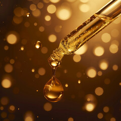 Luxurious Golden Serum Dropping from Pipette, Close-Up of Rich Cosmetic Elixir or Essential, Aromatherapy Oils.