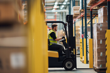 Focused Forklift Driver at Work, Warehouse Precision