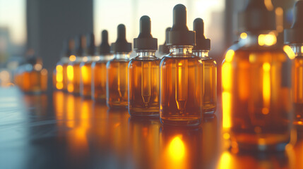 Rows of Transparent Brown Bottles in Laboratory. Glass Containers with Pipettes for Medicine and Aromatherapy.