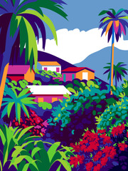 Beautiful caribbean landscape with bungalows, palms, flower gardens and mountains in the background. Handmade drawing vector illustration. Caribbean style poster.