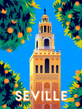 Cathedral Bell Tower Seville  handmade drawing vector illustration. Seville Andalusia Spain Poster.