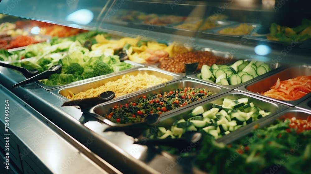 Poster A variety of different types of food displayed on a buffet table. This image can be used to depict a buffet spread at a party or event