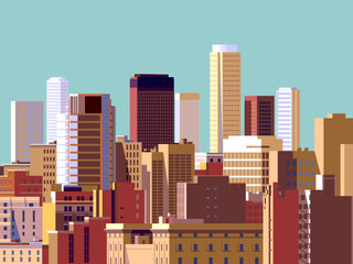 Cityscape overlooking high-rise corporate buildings in the commercial and financial center and luxury condominiums in the city center. Handmade drawing vector illustration. Pop art style poster. © alaver