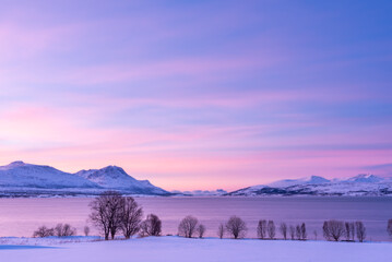 Panoramic view of a Norwegian fjord at twilight featuring a traditional red house amidst a snowy landscape near Tromsø, Norway.