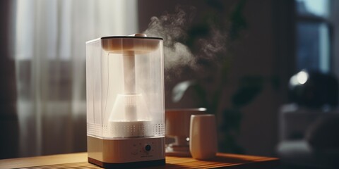 A compact and efficient humidifier placed on a sturdy wooden table. Ideal for adding moisture to dry indoor spaces. Can be used in homes, offices, or any other indoor environment