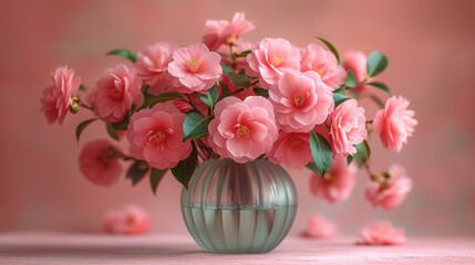  a vase filled with pink flowers sitting on top of a pink table next to a pink wall and a green vase filled with pink flowers on the side of the table.