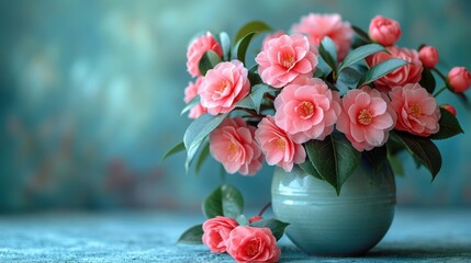  a vase filled with lots of pink flowers on top of a blue table next to a green vase filled with pink flowers on top of a blue table next to a blue wall.