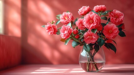  a vase filled with lots of pink flowers on top of a table next to a red wall with a shadow cast on the side of the wall behind the vase.