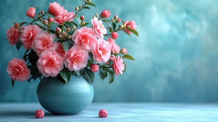  a vase filled with pink flowers sitting on top of a blue counter top next to a green vase filled with pink flowers on top of a blue counter top next to a blue wall.
