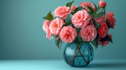  a blue vase filled with pink flowers on top of a blue table next to a green wall and a blue wall behind the vase is a blue vase with pink flowers.