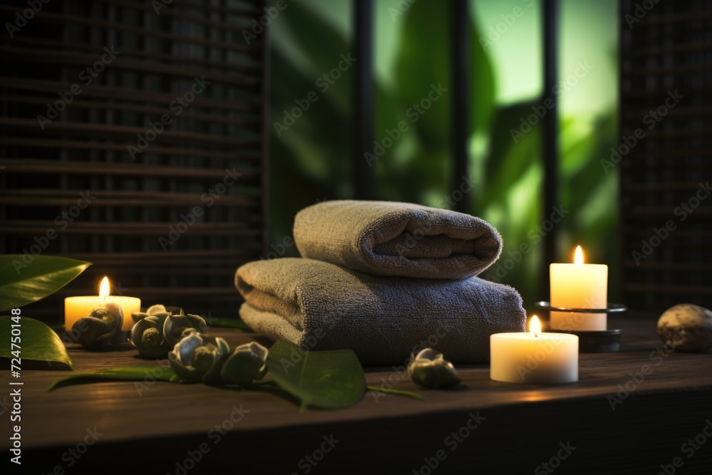 Poster a pile of towels sitting on top of a wooden table. versatile and practical, this image can be used t