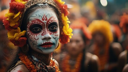 A woman with her face painted in intricate flower designs. This image can be used for various purposes such as beauty, art, festivals, and celebrations