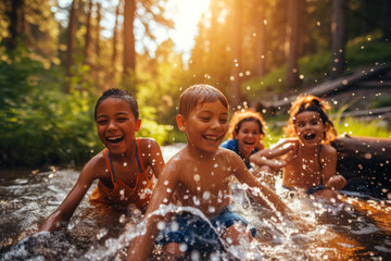 A group of children playing in the water on a sunny, hot summer day.