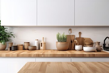 Fototapeta na wymiar Over the white wall, a contemporary wooden kitchen countertop is decorated with a plant, kitchenware, and copy space for your product display. close up picture