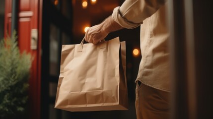 A man is holding a brown paper bag. This versatile image can be used to represent concepts such as shopping, groceries, carrying items, and eco-friendly packaging - obrazy, fototapety, plakaty