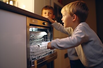 Fototapeta na wymiar Two children are peering into an oven with dishes inside. This image can be used to depict curiosity, cooking, family activities, or baking