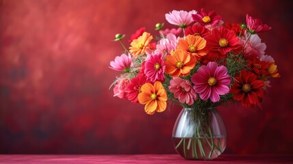  a vase filled with lots of colorful flowers on top of a wooden table next to a red and red wall and a red wall behind it is a vase with a bunch of flowers in it.