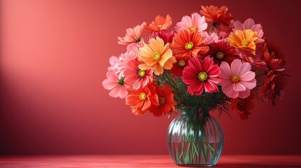  a vase filled with red and orange flowers on top of a wooden table next to a red wall and a red wall behind the vase is filled with orange and pink flowers.
