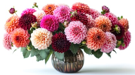  a vase filled with lots of pink and orange flowers on top of a white counter top next to a green leaf filled vase filled with red and pink and white flowers. - Powered by Adobe