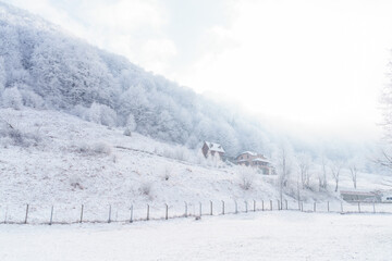 Fototapeta premium cottege house in winter landscape in mountains. High quality photo