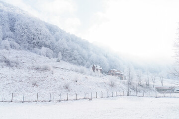 cottege house in winter landscape in mountains. High quality photo