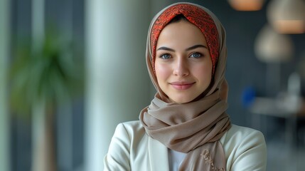 Successful Arab Businesswoman, Executive and happy with career, Vision with Islamic company. Generative AI.