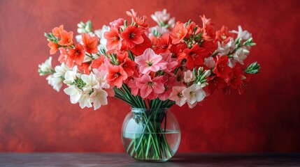  a vase filled with red and white flowers on top of a table next to a red wall and a red wall behind the vase is a vase with white and red flowers.