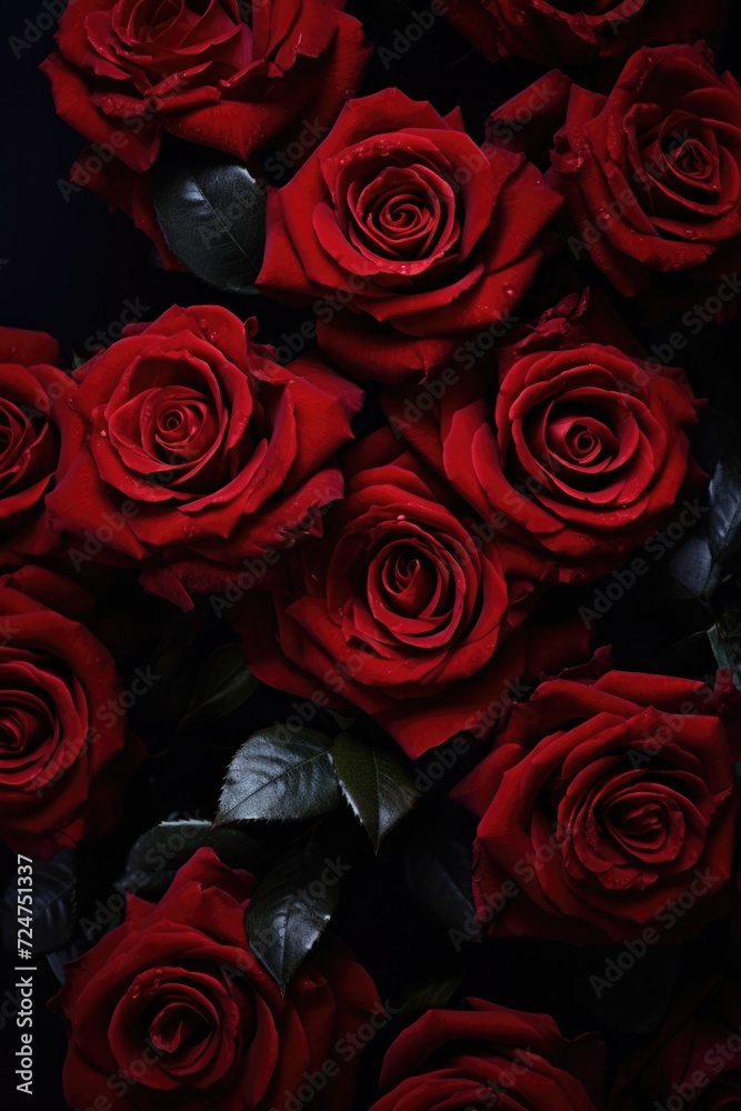 Poster A bunch of red roses sitting next to each other. Can be used for various occasions and events
