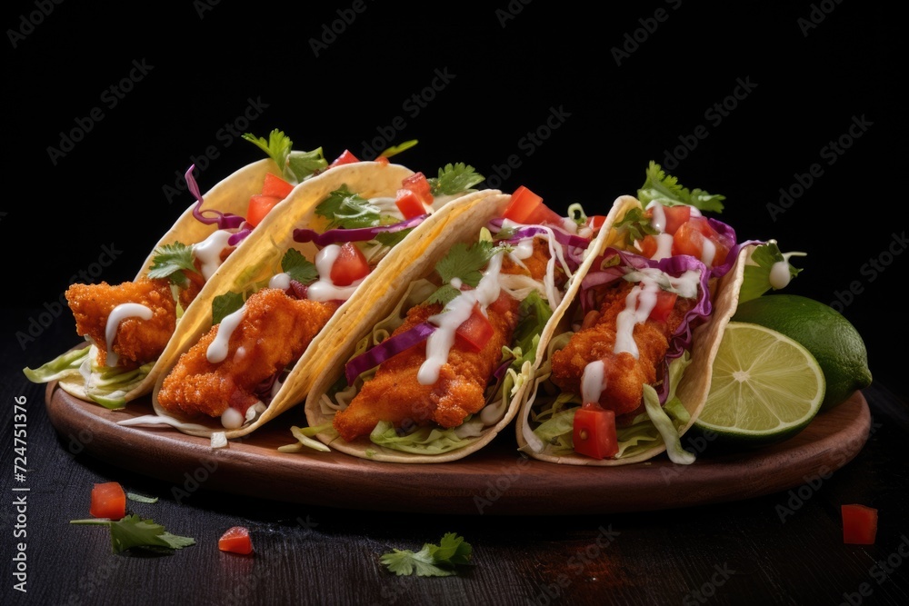Poster tacos on a platter covered in sauce and toppings. ideal for food-related projects and restaurant pro