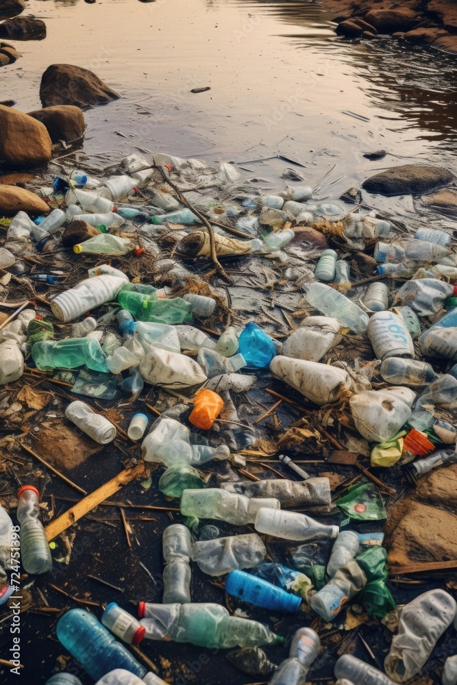 Poster a river filled with an overwhelming amount of plastic bottles. this image can be used to raise aware