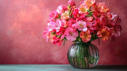  a vase filled with lots of pink flowers on top of a table next to a red wall and a pink wall behind the vase is a glass vase with pink flowers in it.