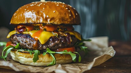 Sink your teeth into this mouthwatering classic cheeseburger - obrazy, fototapety, plakaty