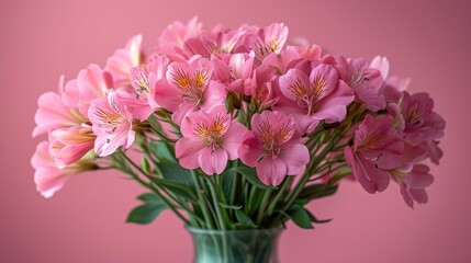  a vase filled with pink flowers on top of a pink table next to a pink wall and a pink wall behind the vase is a green vase with pink flowers.