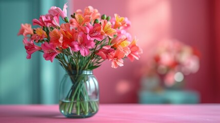  a vase filled with pink and yellow flowers on top of a pink table next to a blue vase filled with pink and yellow flowers on top of a pink table.