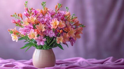  a vase filled with pink and orange flowers on top of a purple clothed table cloth on a purple clothed table clothed tablecloth covered with a purple cloth.