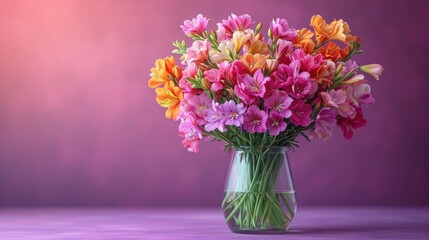  a vase filled with lots of pink and orange flowers on a purple table next to a pink wall and a purple wall behind the vase is filled with lots of pink and orange tulips.