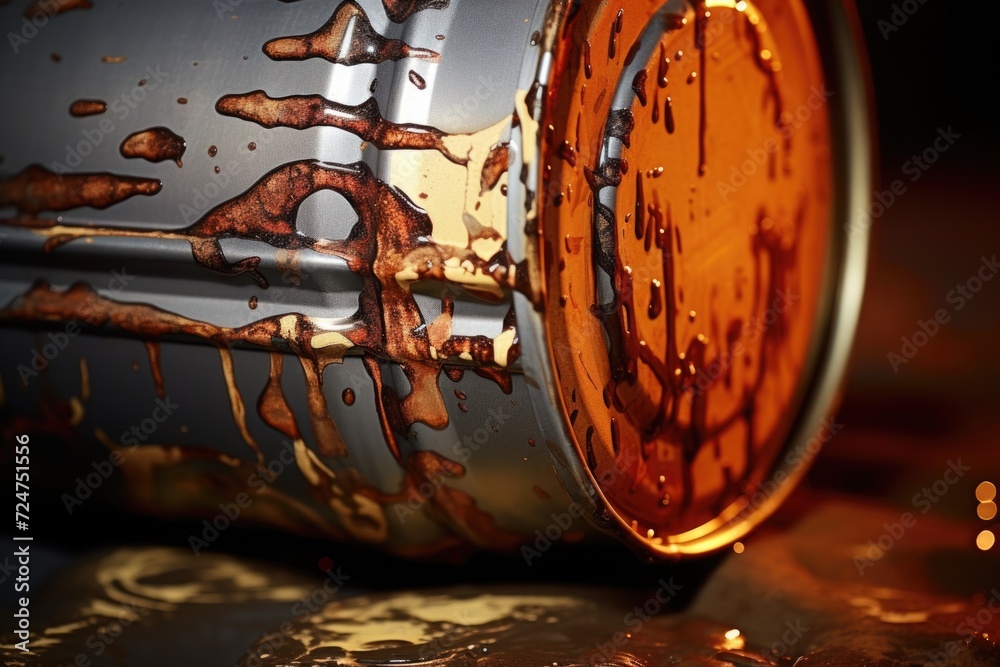 Poster A close-up view of a can of liquid placed on a table. This image can be used in various contexts