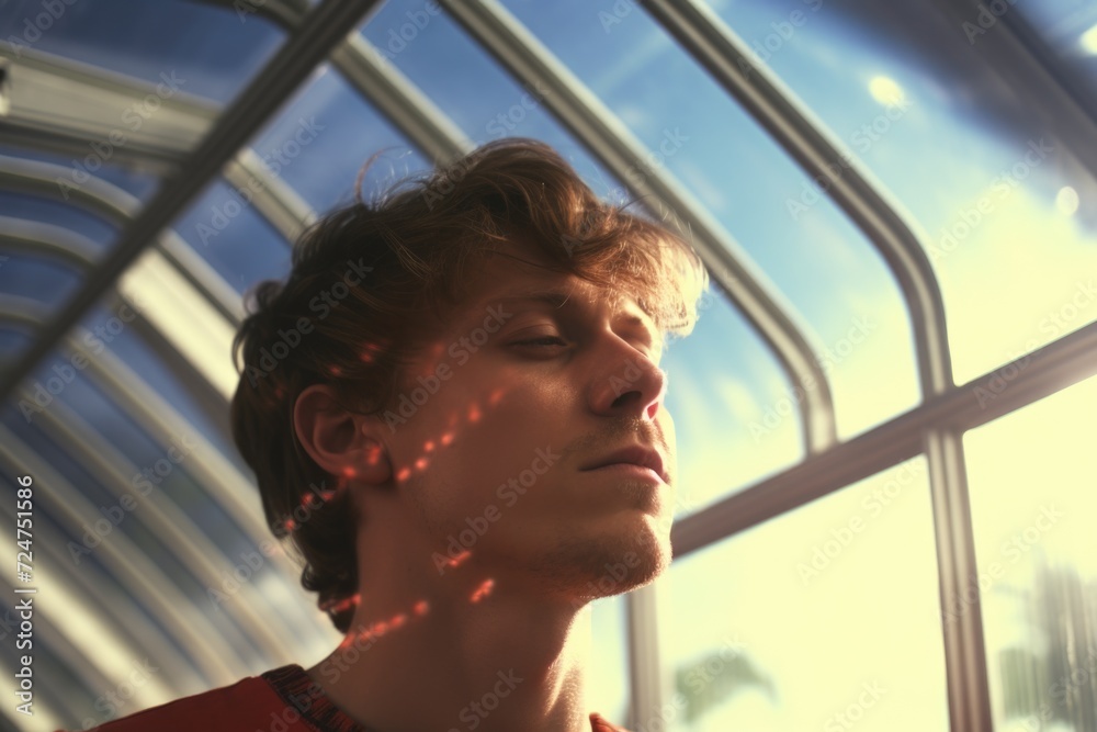 Poster a man with his eyes closed, standing by a window and gazing outside. this image can be used to depic