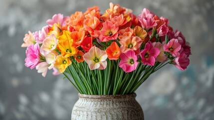  a vase filled with lots of colorful flowers on top of a table next to a gray wall and a gray wall behind the vase is a bouquet of multicolored tulips.
