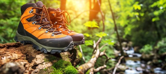 Hiking boots resting on mossy log in lush forest with summer stream in panoramic view