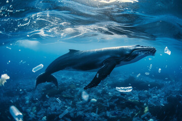 A large whale swimming in the waters of a blue, plastic-polluted ocean.