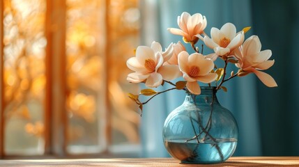  a blue vase filled with pink flowers on top of a wooden table in front of a window with sunlight streaming in through the window panes and a drapes.