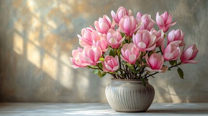  a vase filled with pink flowers sitting on top of a table next to a vase filled with pink flowers on top of a table next to a wall and a window.