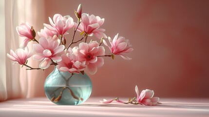  a vase filled with pink flowers sitting on a window sill next to a window sill with a pink wall behind it and a blue vase with pink flowers in it.