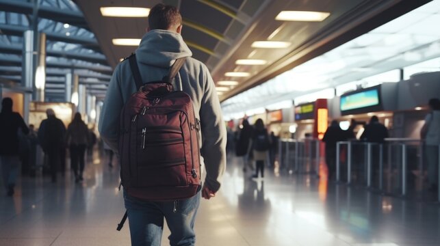 A man with a backpack walking through an airport. This image can be used to illustrate travel, transportation, or business concepts